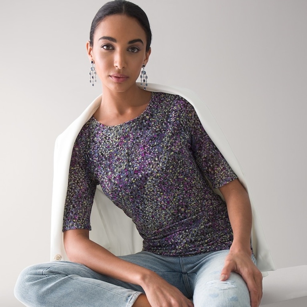 WHBM 3/4 Sleeve Mesh Shirred-Side Printed Tee Size XS